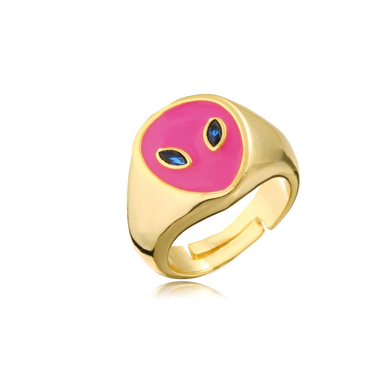 Geometric Drip Oil Gold Plated Brass Alien Ring for Women