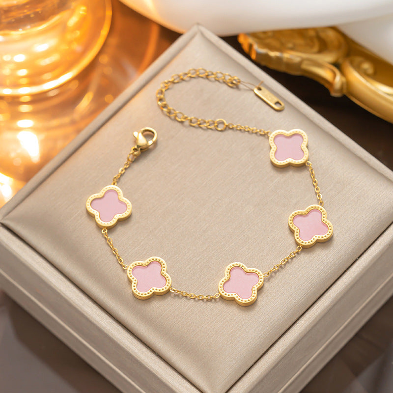 Set collana con pendente in acciaio al titanio a forma di quadrifoglio alla moda con catena a maglie per donna