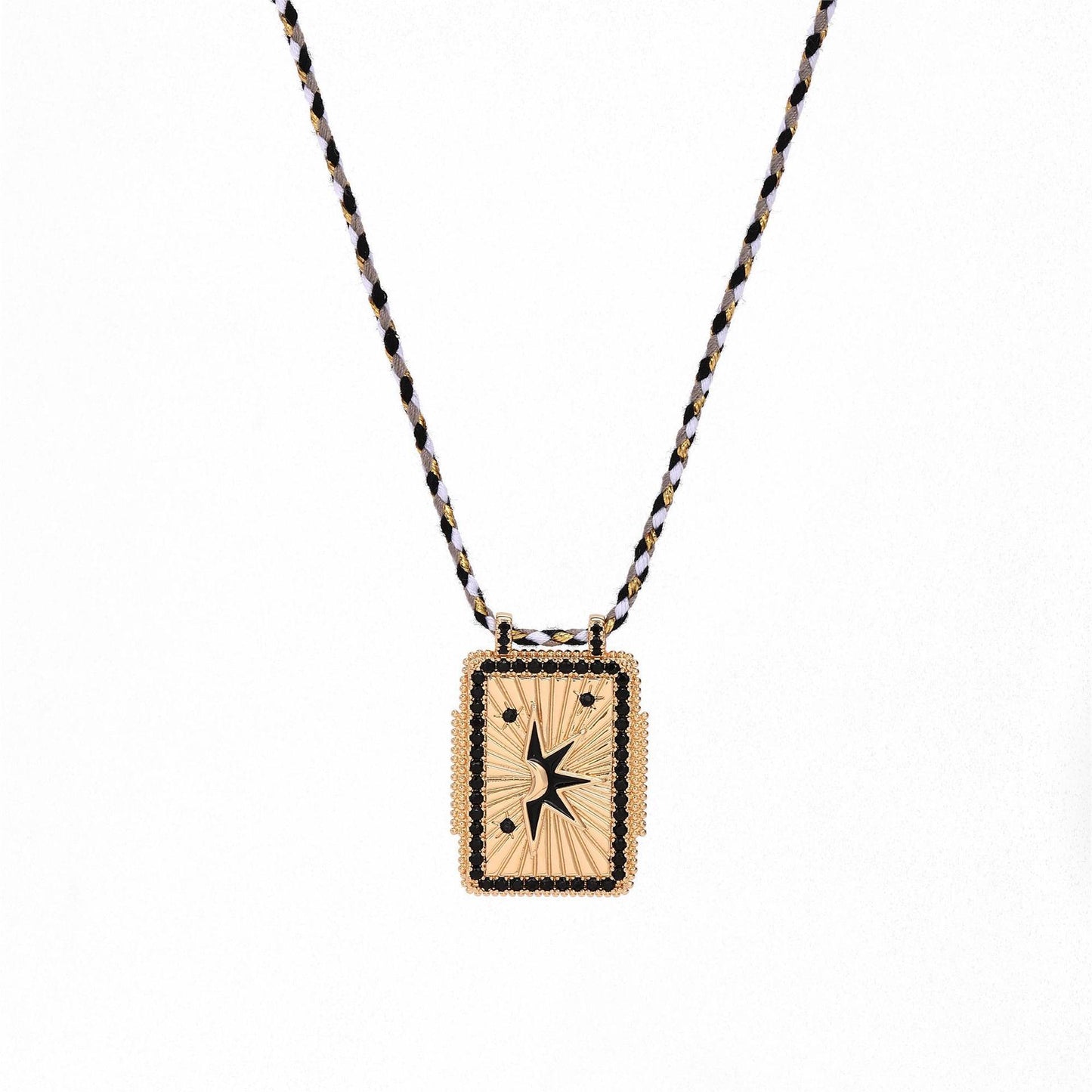 Collana con Ciondolo Tarocchi Bohemien Vintage con Motivi Sole Luna Stella e Cuore in Rame con Intarsio di Strass