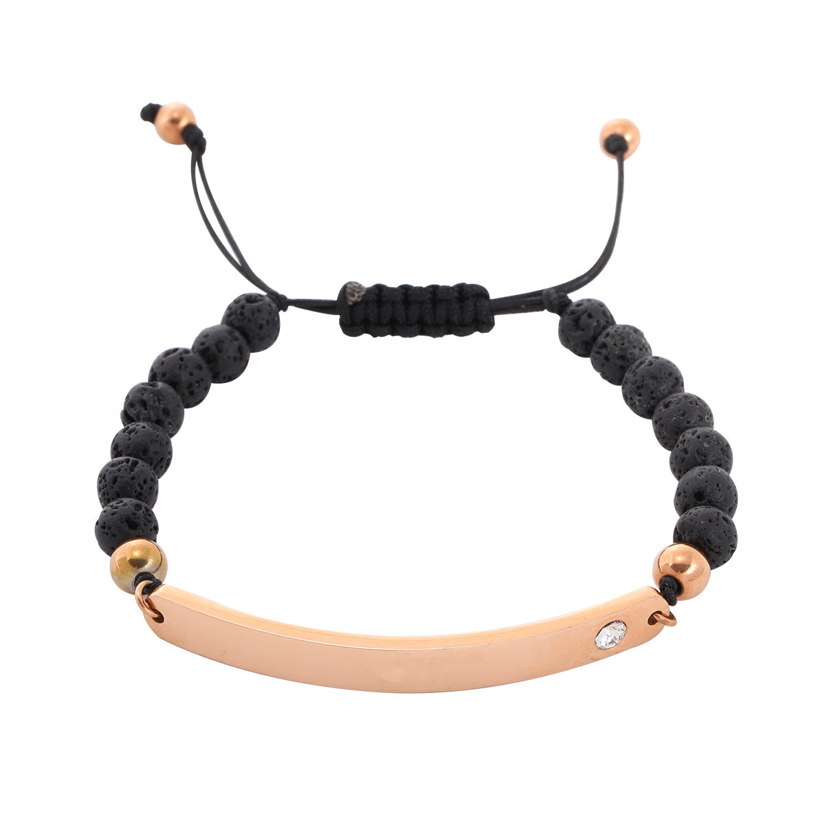 Bracciale alla moda da ufficio in acciaio inossidabile con pietre vulcaniche nere geometriche, intarsio di strass e opzione di incisione per donne