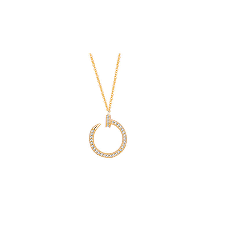 Minimalist Geometric Titanium Steel Nail Necklace for Women with Rhinestone Inlay and Cross Chain