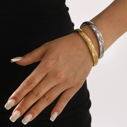 Bracciale da donna in acciaio inossidabile placcato oro 14K con occhio in rilievo geometrico, ispirazione vintage francese