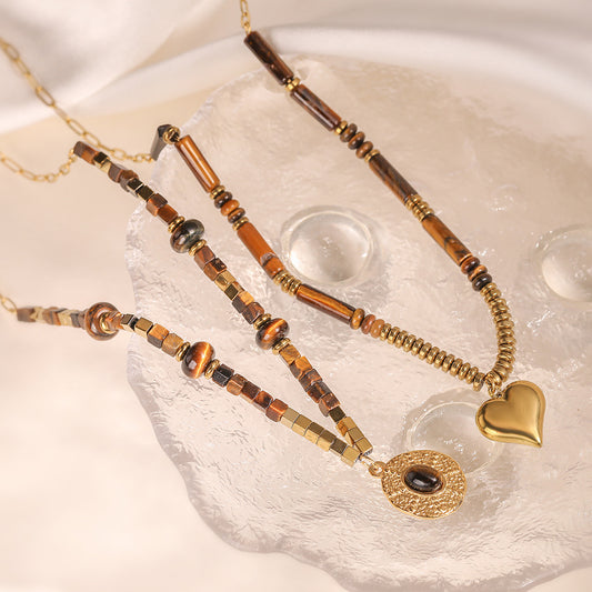 Collar con colgante de ojo de tigre geométrico minimalista en acero inoxidable con dije de corazón para mujer