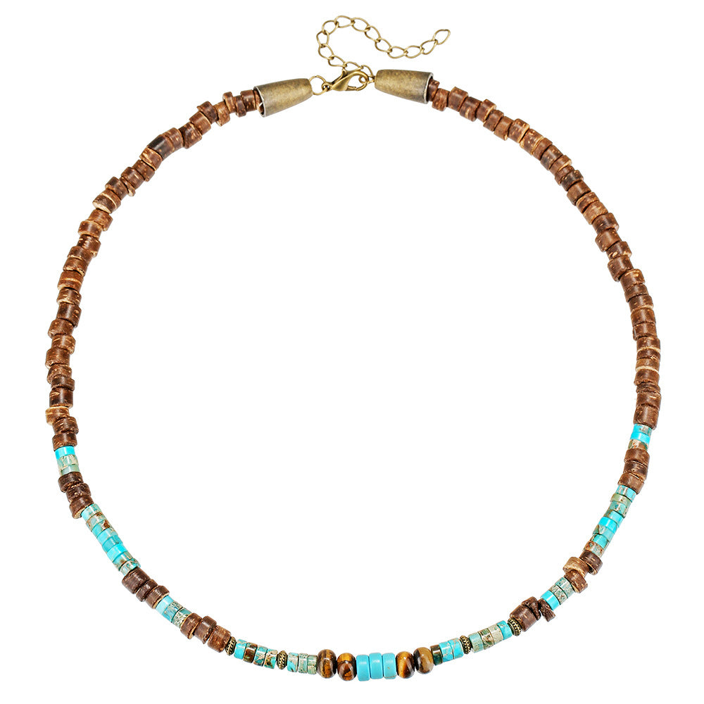Minimalist Geometric Coconut Shell and Natural Gemstone Spacer Necklace for Men and Women