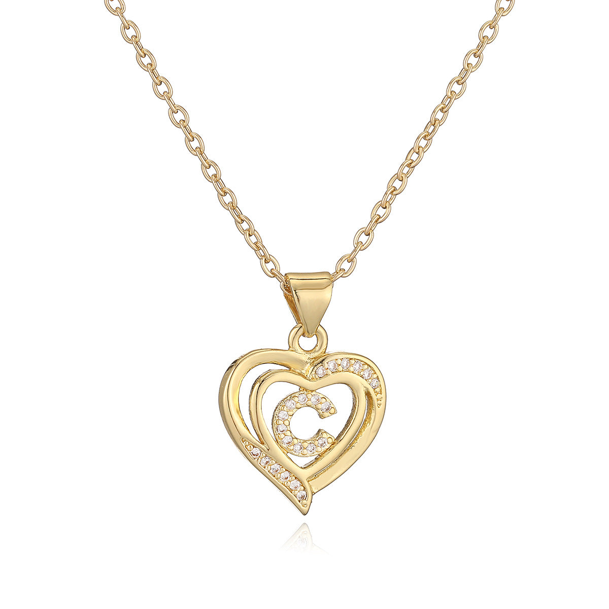 Collana con Pendente Minimalista in Rame, Placcatura in Oro 18K e Dettagli in Zircone a Forma di Cuore e Lettera per Donne