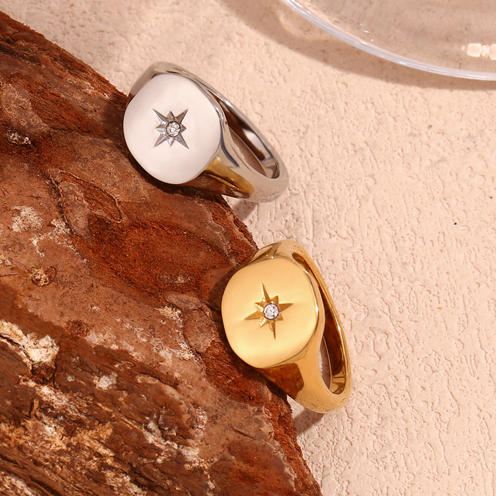 Minimalist Geometric Stainless Steel Ring with 18K Gold Plating Featuring Octagram Star Seal Design for Women