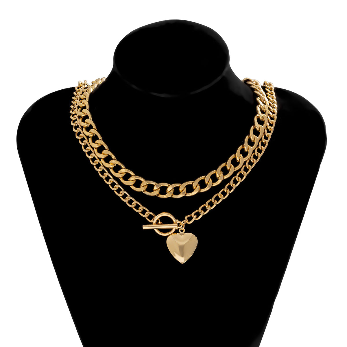 Collana in lega a doppio strato a forma di cuore in stile punk con finitura galvanizzata e catena a croce