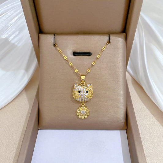 Exquisito collar con colgante de flor y gato de titanio con incrustaciones de pedrería para mujer, diseño geométrico, cadena de titanio ajustable, elegante gargantilla