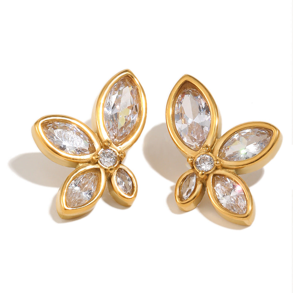 Orecchini a perno con fiori eleganti e minimalisti in acciaio inossidabile placcato oro 18 carati con zirconia cubica da donna