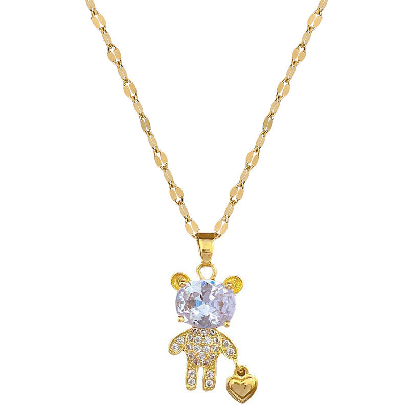 Collana in acciaio al titanio a forma di cuore stile cartone animato con intarsio di strass e grazioso ciondolo a orsetto per donna
