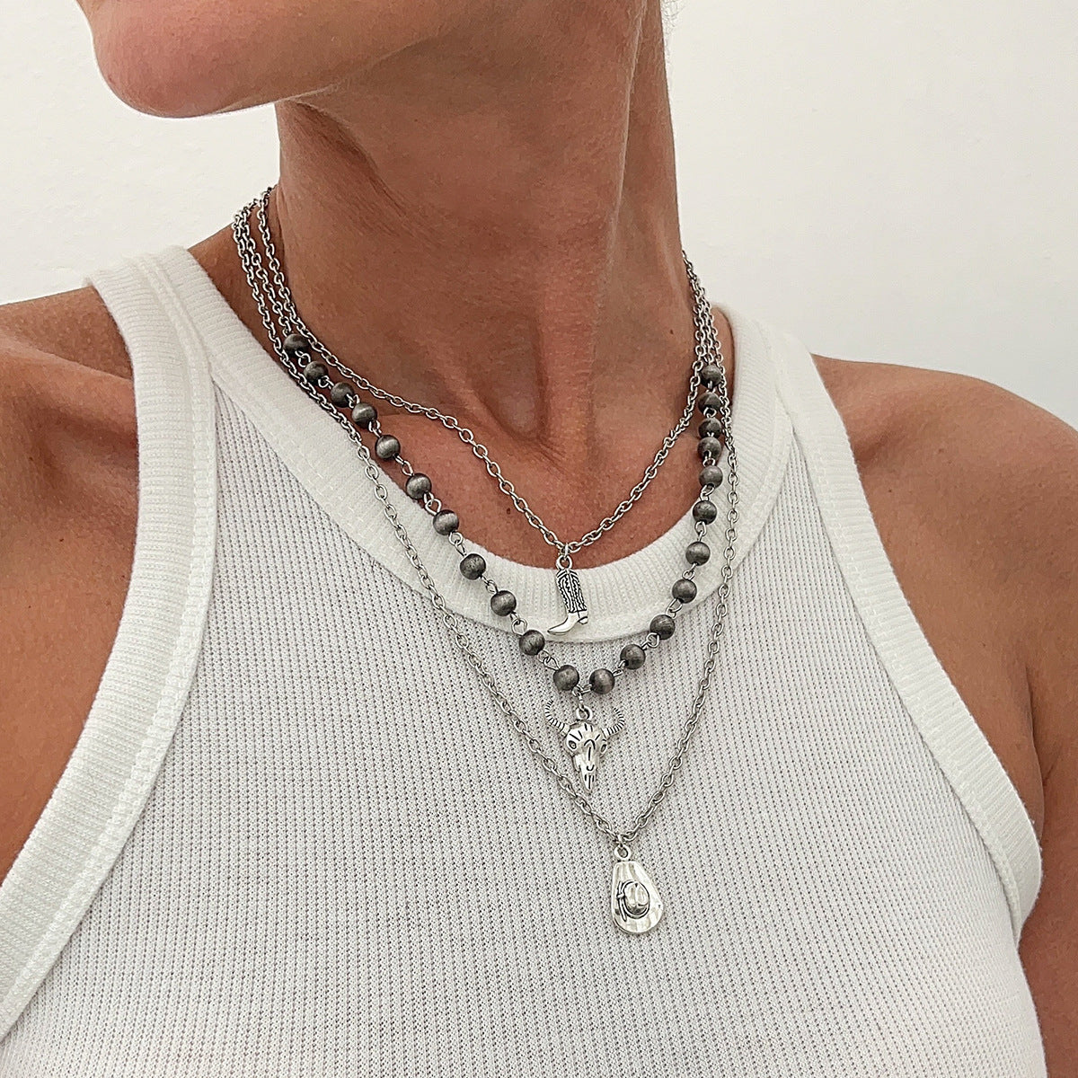 Vintage Bohemian Geometric Brushed Alloy Pendant Necklace Set for Women