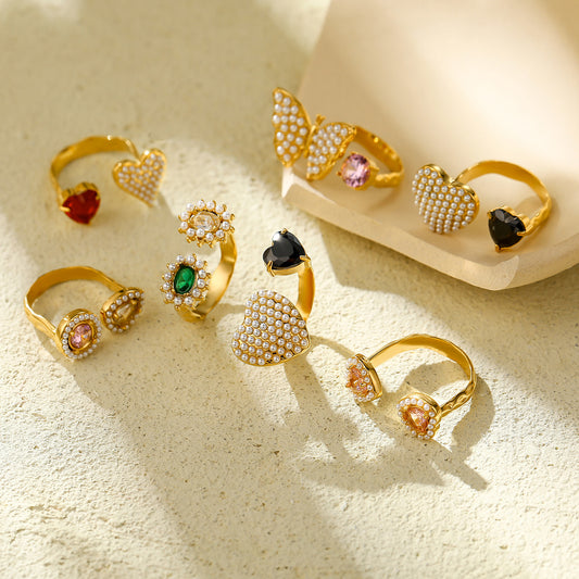 Elegant French-Inspired Adjustable Titanium Steel Ring for Women with Heart Shape and Rhinestone Inlay