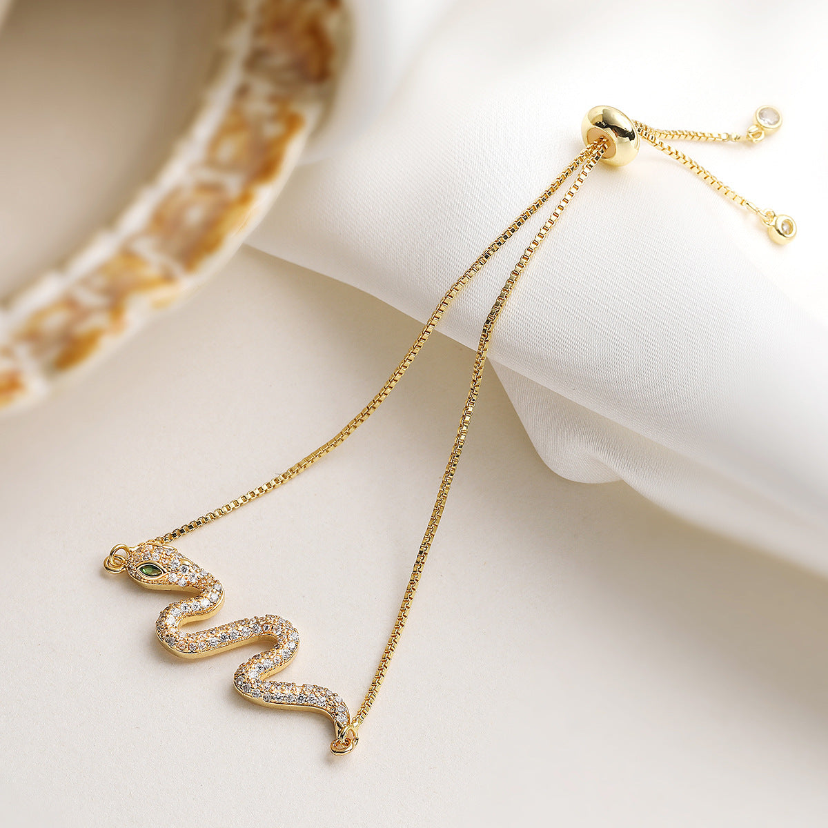 Vintage Luxury 18K Gold Plated Brass Snake Chain Bracelet with Cubic Zirconia for Women