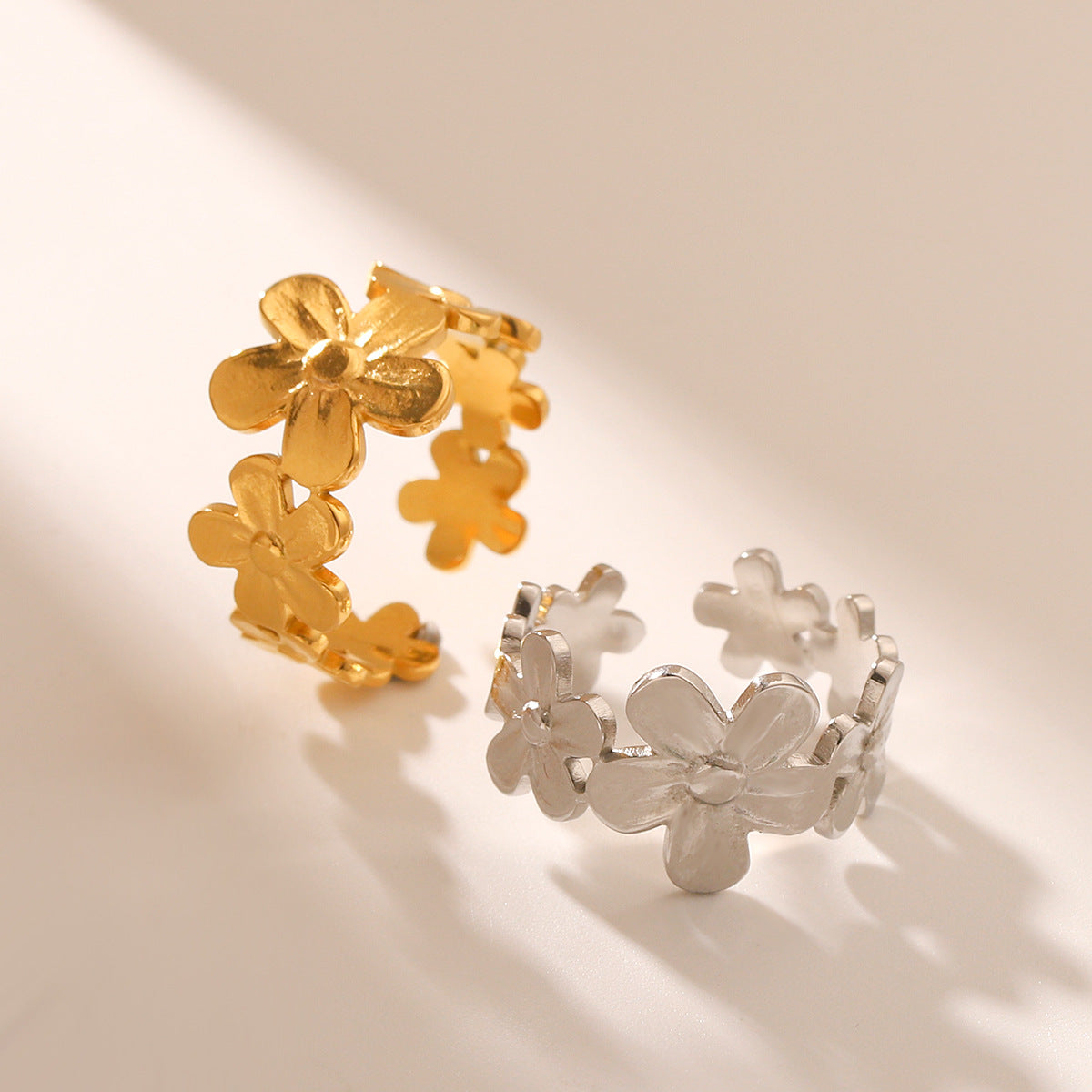 Minimalist Floral Titanium Steel Open Ring for Women with 18K Gold Plating, Geometric Flower Design