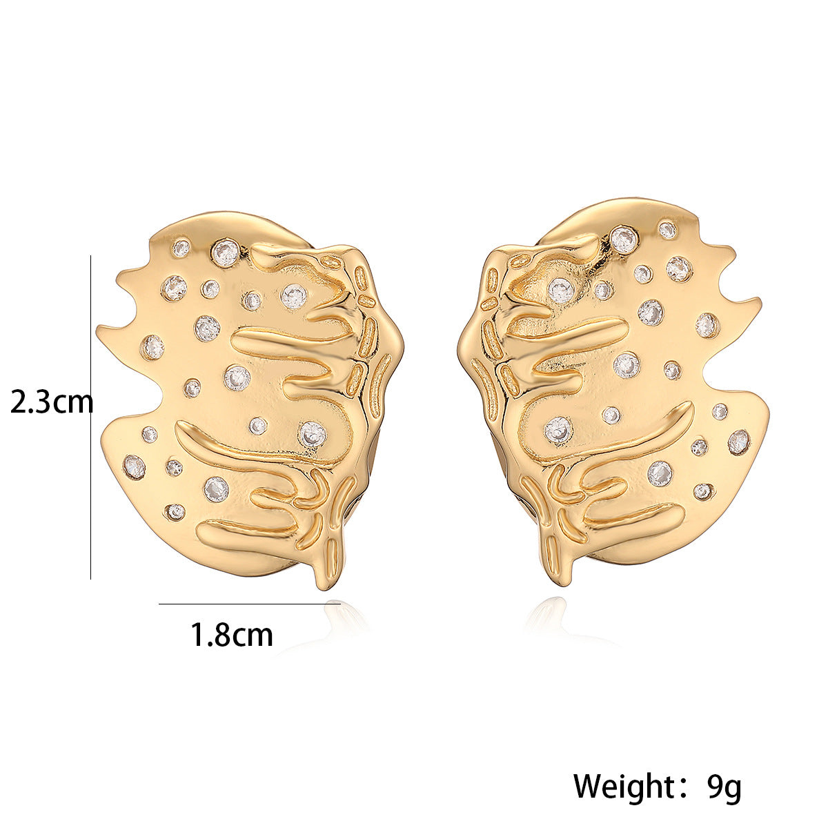 Orecchini a perno geometrici irregolari da donna in rame con placcatura in oro 18K e zirconi micro-incastonati