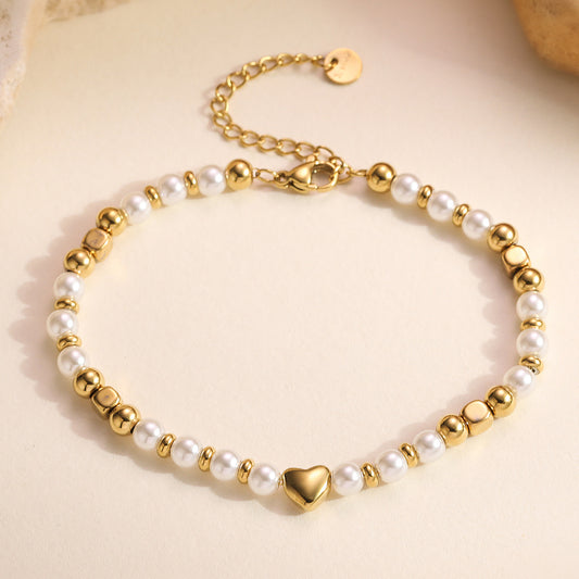 Fashion 18K Gold Plated Heart Stainless Steel Pearl Bracelet for Women