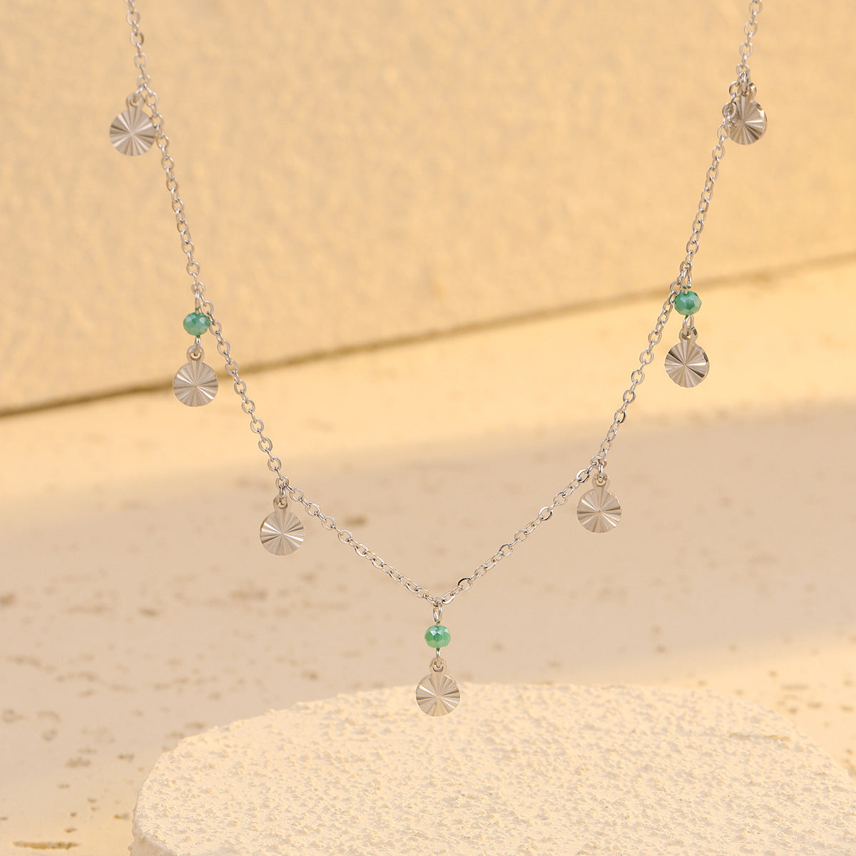 Fashionable OL Style Round Disc Pendant with Crystal Embellishments and Fringe Detail Stainless Steel Necklace for Women