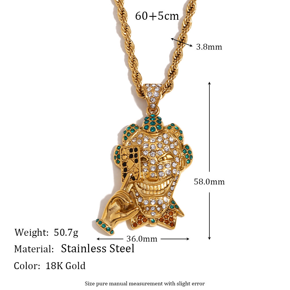 Vintage Geometric Stainless Steel Gold Plated Rhinestone Pendant Rope Chain Necklace for Men