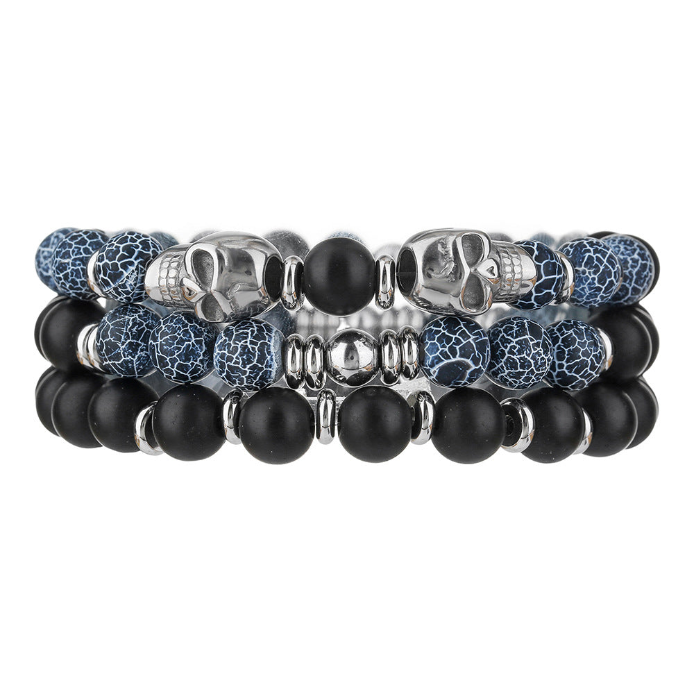 Vintage Hip-hop Sporty Geometric Round Stainless Steel Agate Beaded Bracelet for Men and Women