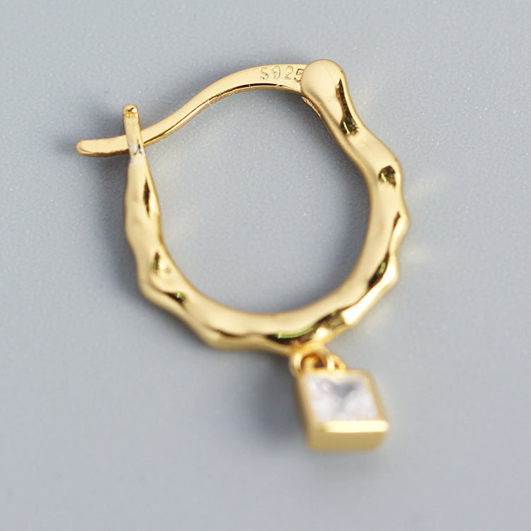 Vintage Minimalist 925 Sterling Silver Geometric Square Inlaid Rhinestone Hoop Earrings for Women