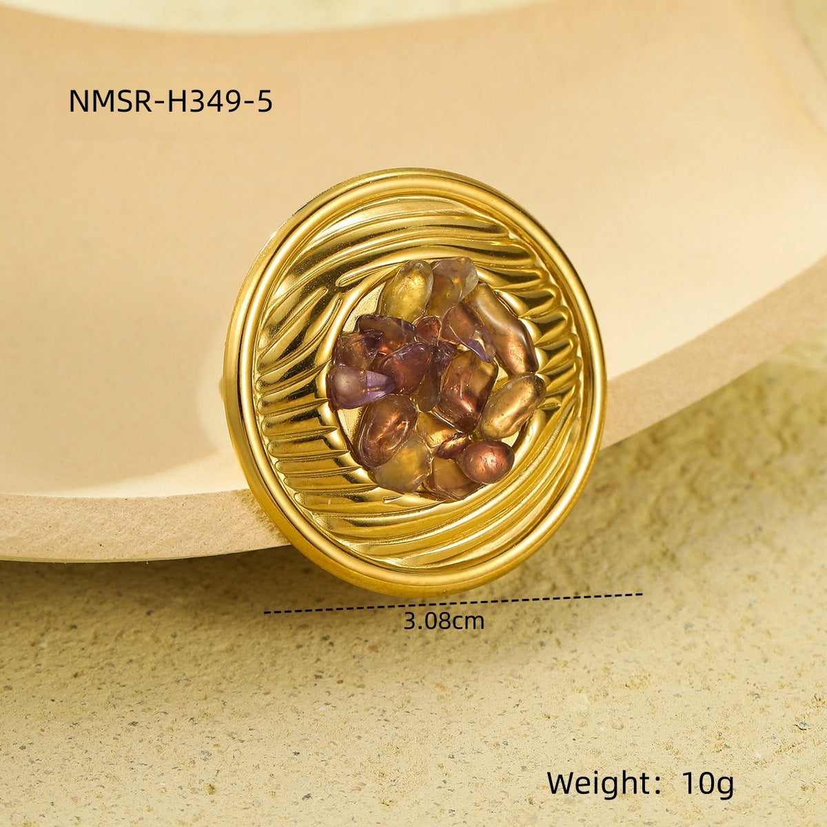 Light Luxury Geometric Textured Titanium Steel Ring with Natural Stone Inlay for Women
