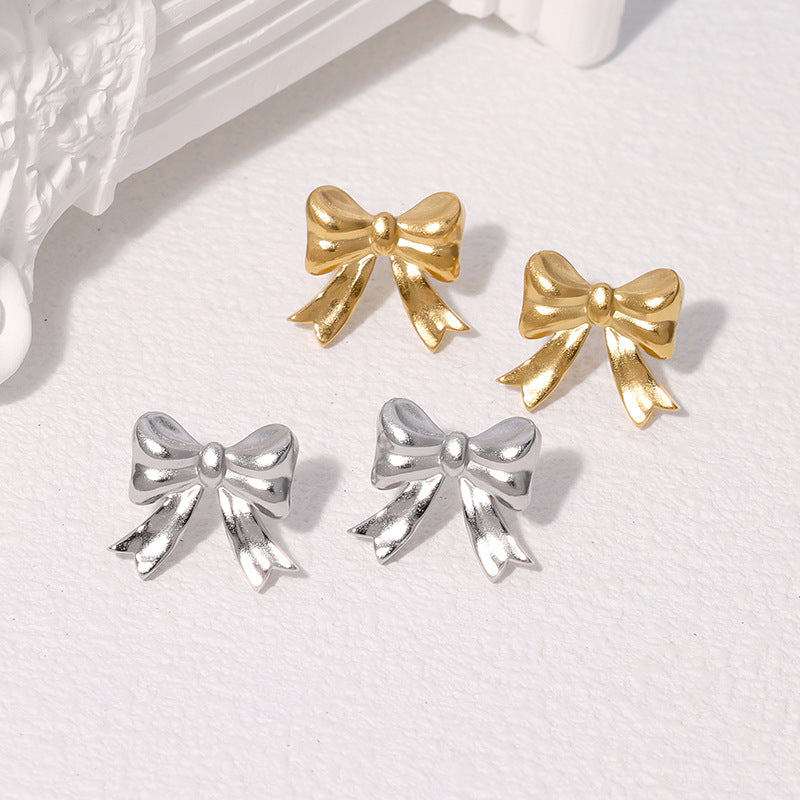 Minimalist Bow-Shaped Stainless Steel Stud Earrings for Women with Plated Finish, Lightweight and Fade-Resistant