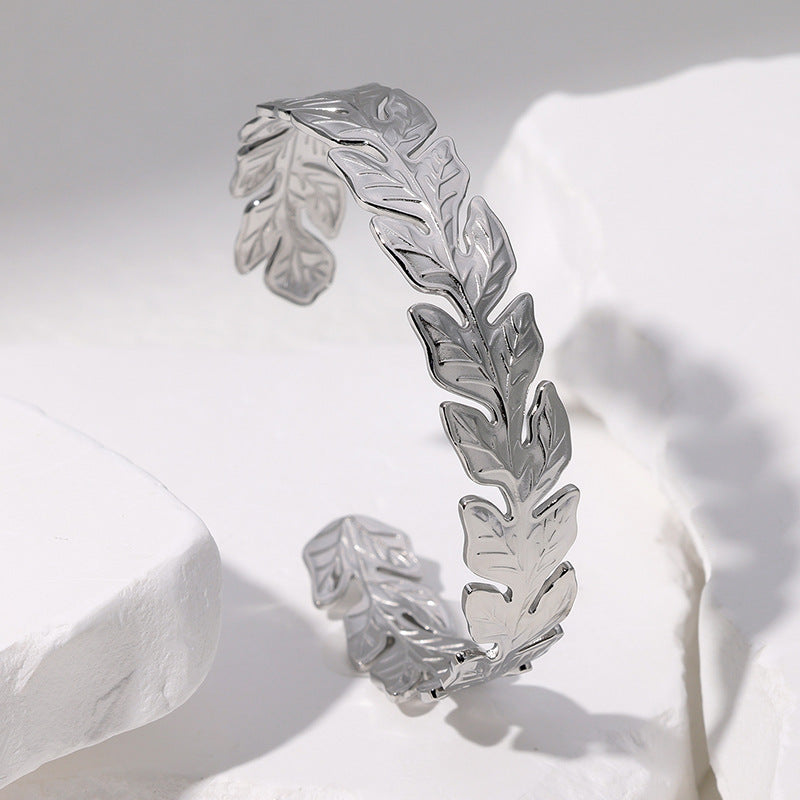 Natural Style Leaf-Shaped Titanium Steel Bracelet with Adjustable Opening and Electroplated Finish