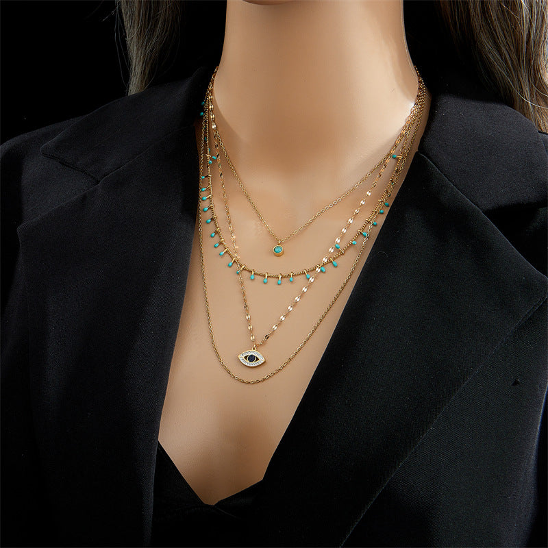 Collana con Pendente Vintage Moda Irregolare Geometrico Turchese e Strass in Acciaio al Titanio con Finitura Placcata per Donna