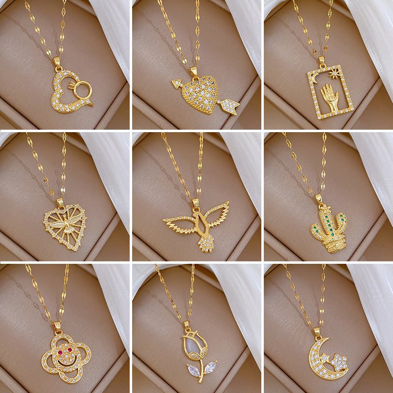 Luxury Minimalist Sweet Geometric Rhinestone Pendant Necklace for Women Titanium Steel O-Chain