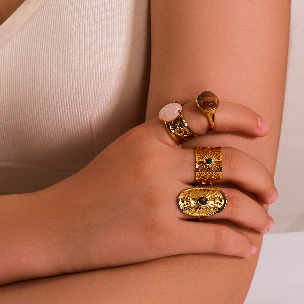 Vintage Style Adjustable Geometric Stainless Steel Ring with 18K Gold Plating and Natural Tiger Eye Inlay