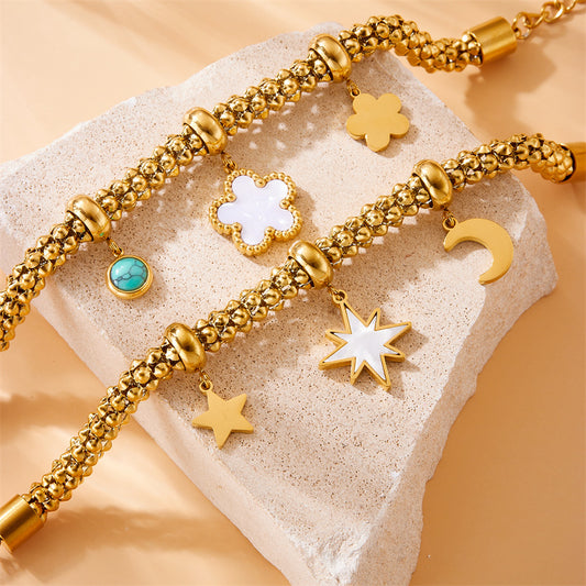 Fashionable Vintage Stainless Steel Gold-Plated Floral Moon Star Turquoise Pendant Bracelet for Women