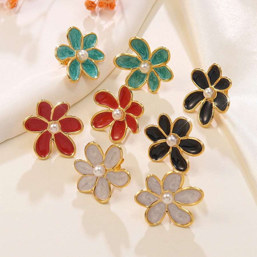 Orecchini pendenti vintage in acciaio inossidabile con perle e decorazione floreale a goccia