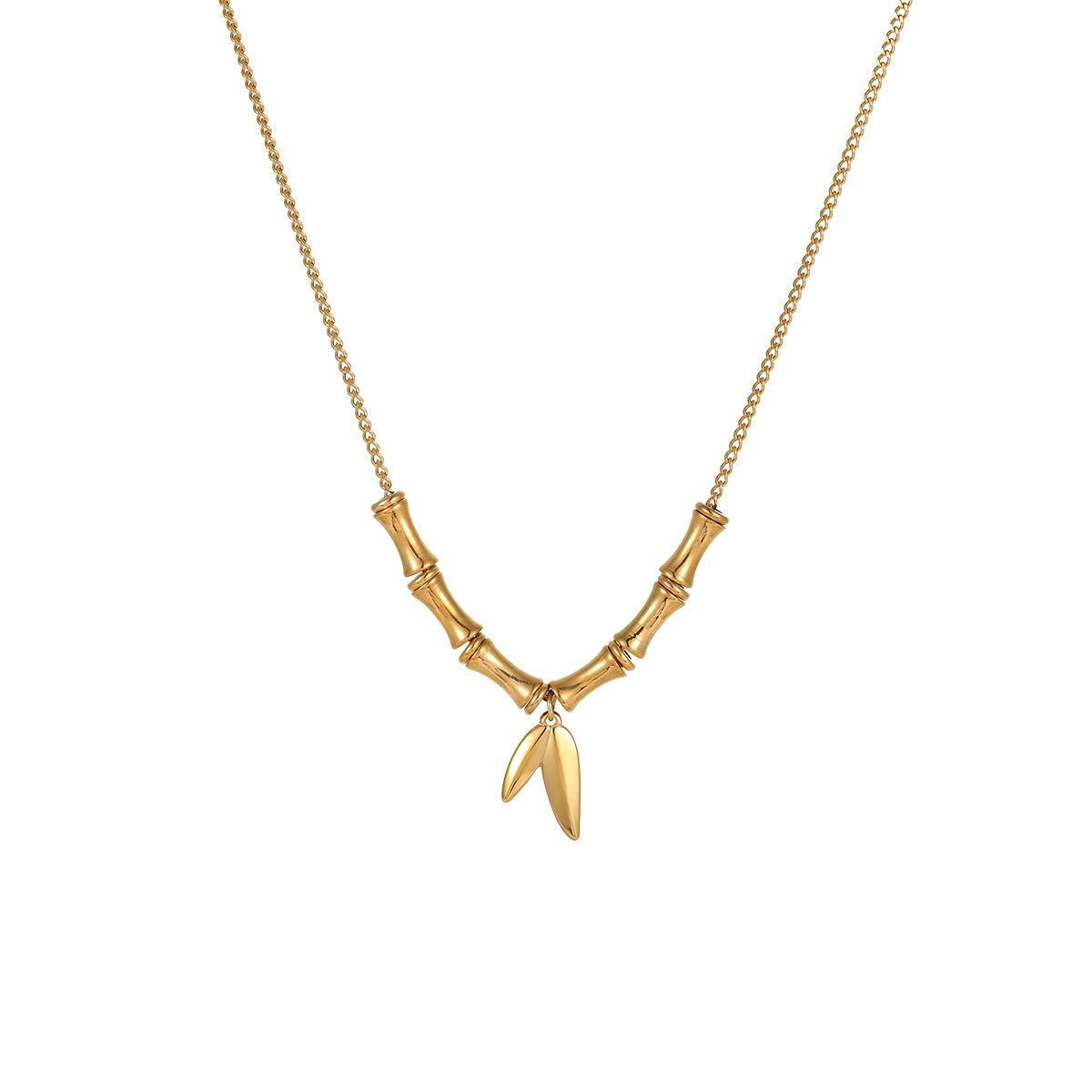 Collar con colgante de bambú y hoja de bambú minimalista de moda en acero de titanio con chapado en oro de 18 quilates para mujer