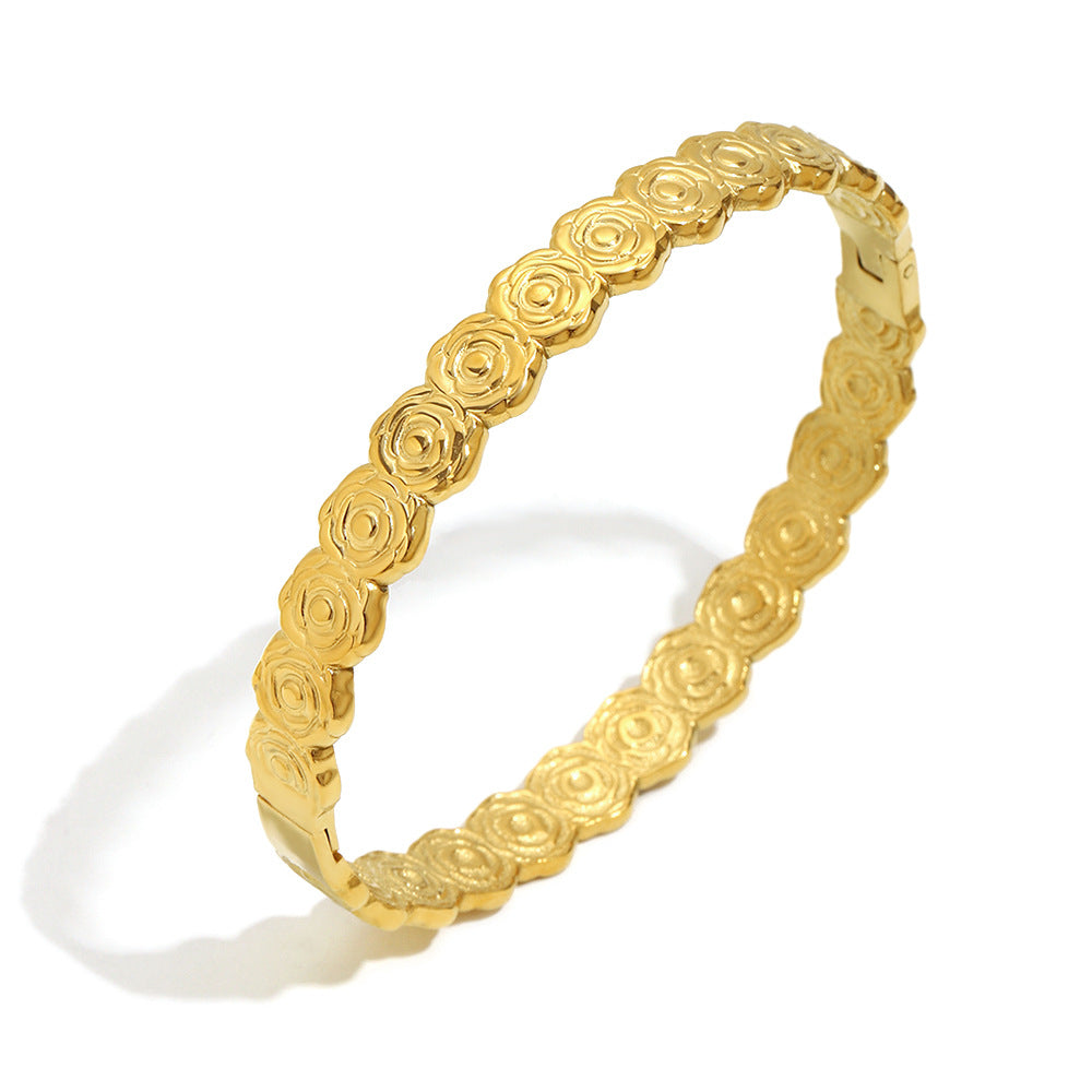 Bracciale rigido floreale da donna, placcato oro 18 carati, in acciaio inossidabile, minimalista ed elegante