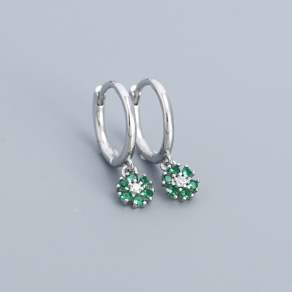 Minimalist Floral Geometric Earrings in 925 Sterling Silver with Blue Zircon Inlay