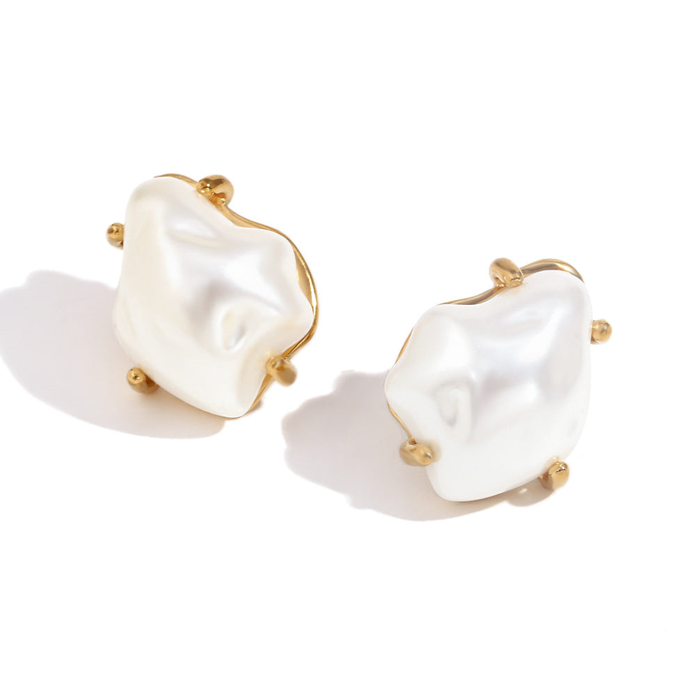 Vintage Baroque Style Geometric Stainless Steel Earrings with 18K Gold Plating and Simulated Pearl Accents for Women