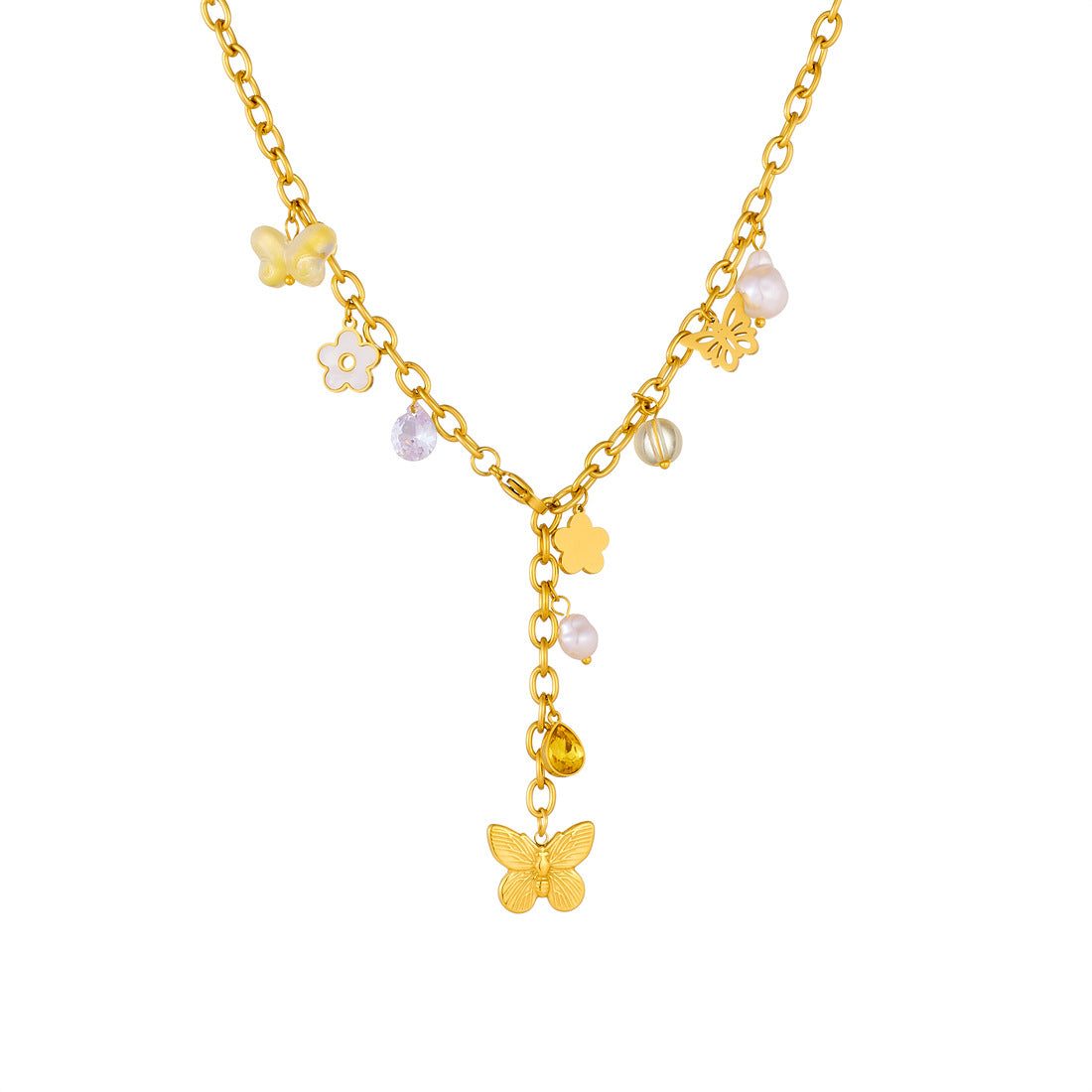 Casual Gold Plated Stainless Steel Star Cross Butterfly Pendant Necklace with Tassel Y-Chain