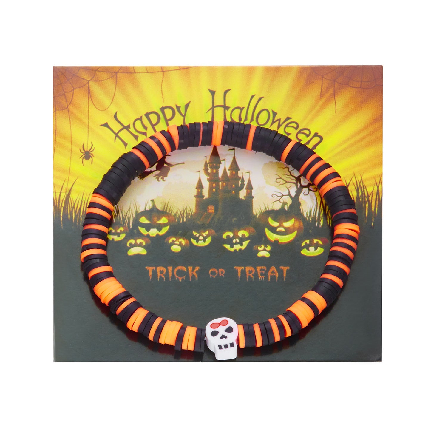 Set di braccialetti elastici con perline in argilla polimerica stile bohémien con motivi di zucca e teschio per Halloween