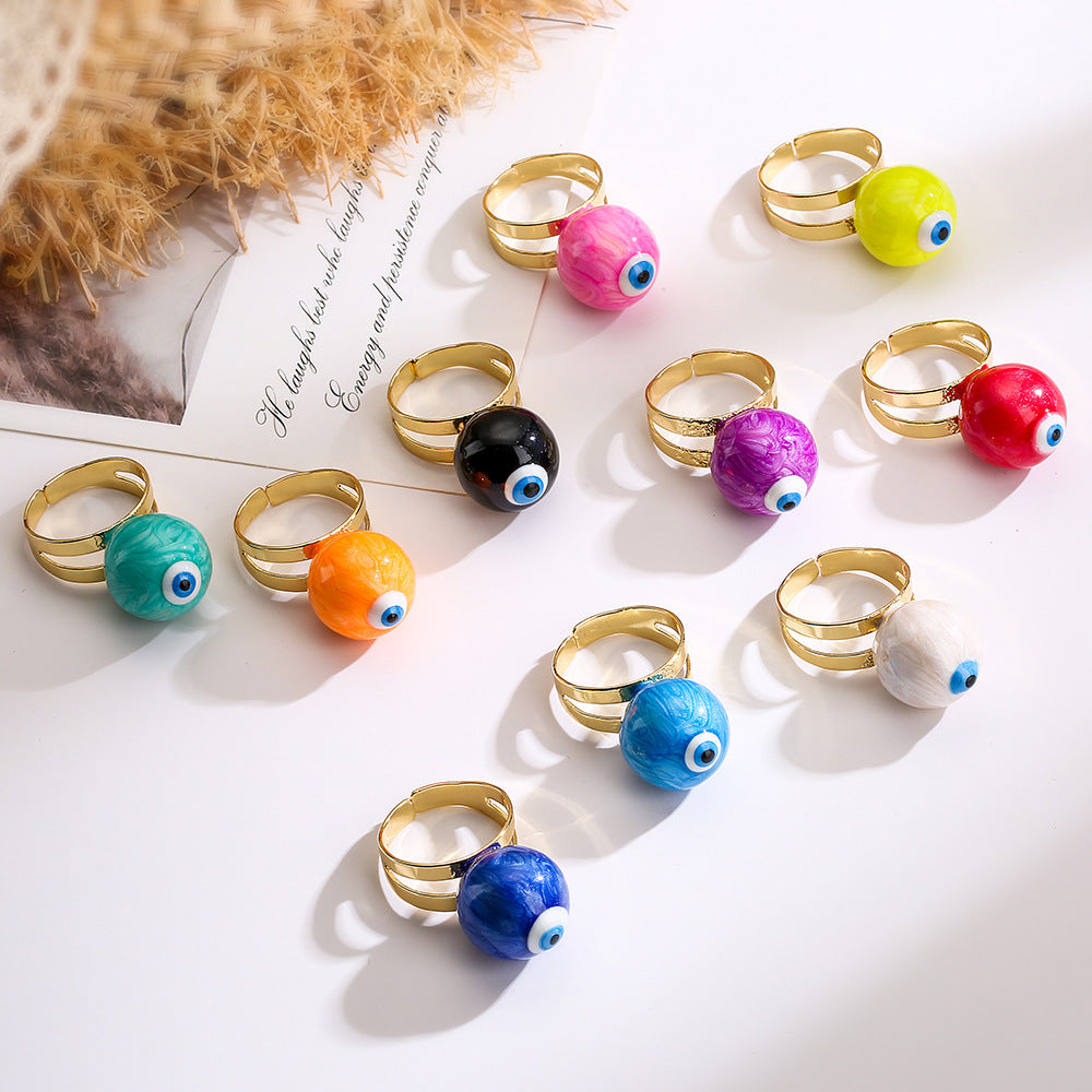 Fashionable Adjustable Evil Eye Ring for Women in Copper with Enamel Finish Geometric Design