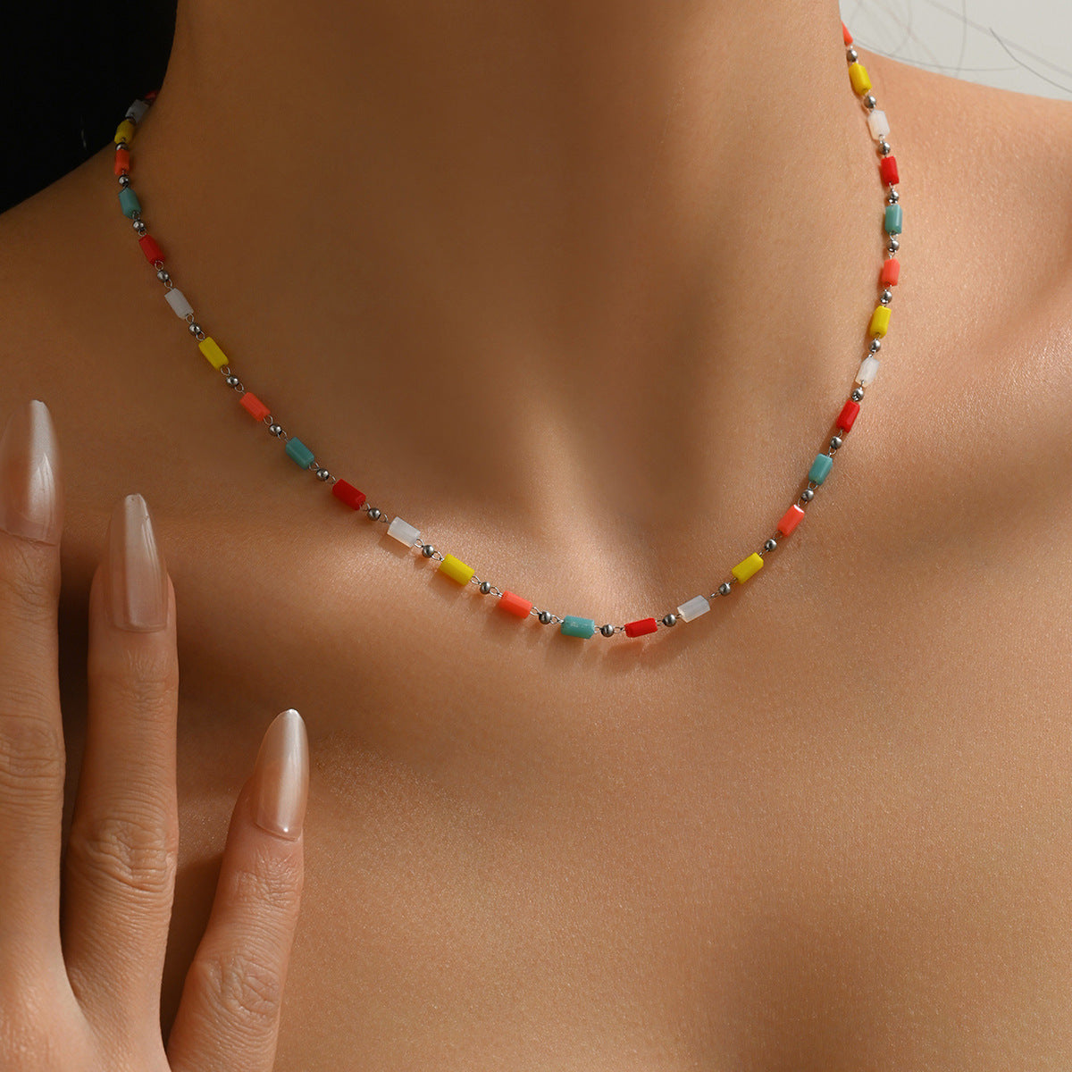 Minimalist Luxury Geometric Round Stainless Steel PVD 18K Gold Plated Colorful Beaded Necklace for Women