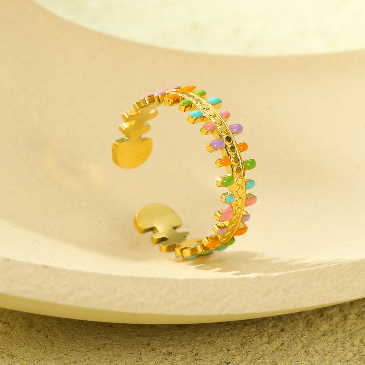 Anello da donna in acciaio al titanio con design geometrico di lusso, smalto a goccia e fascia regolabile aperta