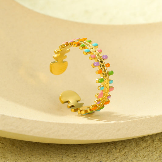 Anillo de Acero Inoxidable de Titanio con Diseño Geométrico de Lujo, Detalle de Esmalte y Banda Abierta Ajustable para Mujer
