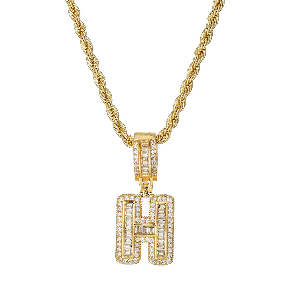 Personalized 18K Gold Plated Brass Cubic Zirconia Letter Pendant Necklace with Stainless Steel Rope Chain