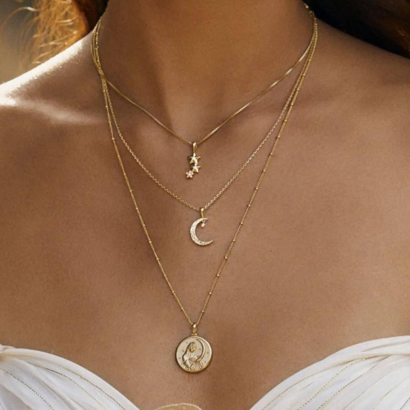 Minimalist Crescent Moon Pendant Necklace in Titanium Steel with Gold Plating, Delicate Star and Moon Motif on O-Chain for Women and Men