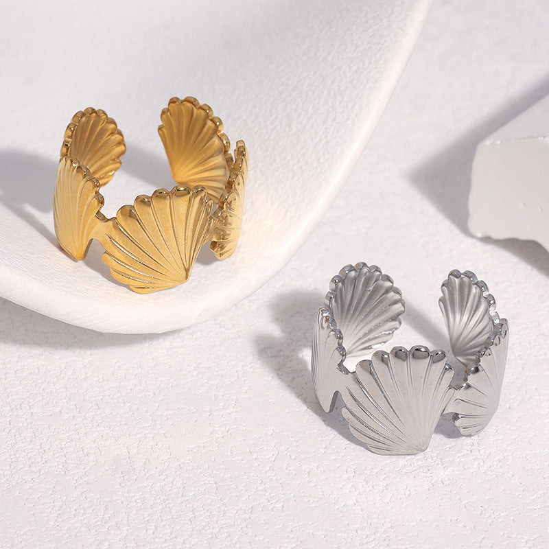 Minimalist Gold Plated Shell Shape Stainless Steel Open Ring for Women