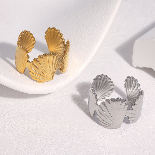 Minimalist Gold Plated Shell Shape Stainless Steel Open Ring for Women