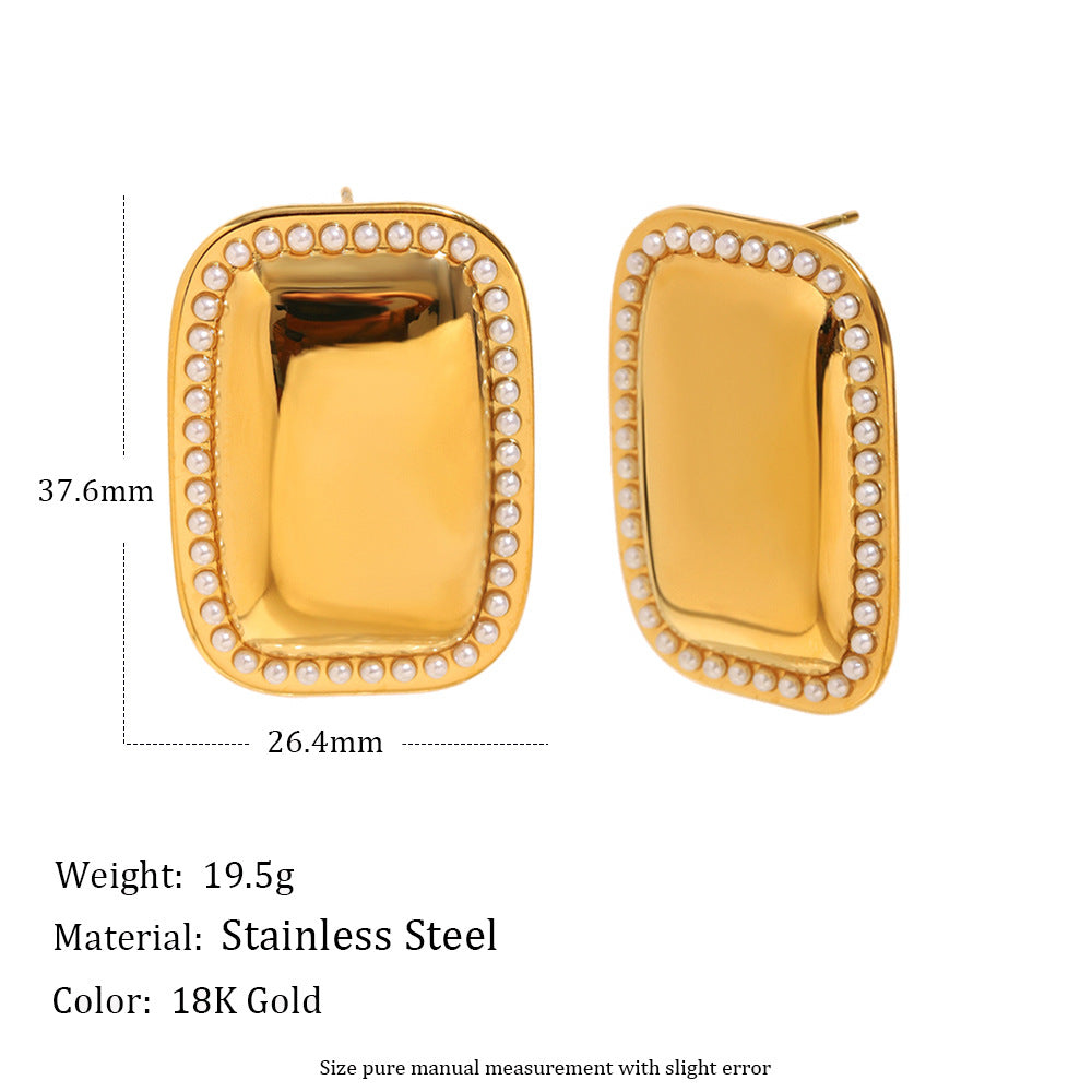 Orecchini Minimalisti Geometrici in Acciaio Inox con Placcatura in Oro 18K e Accenti di Piccole Perle