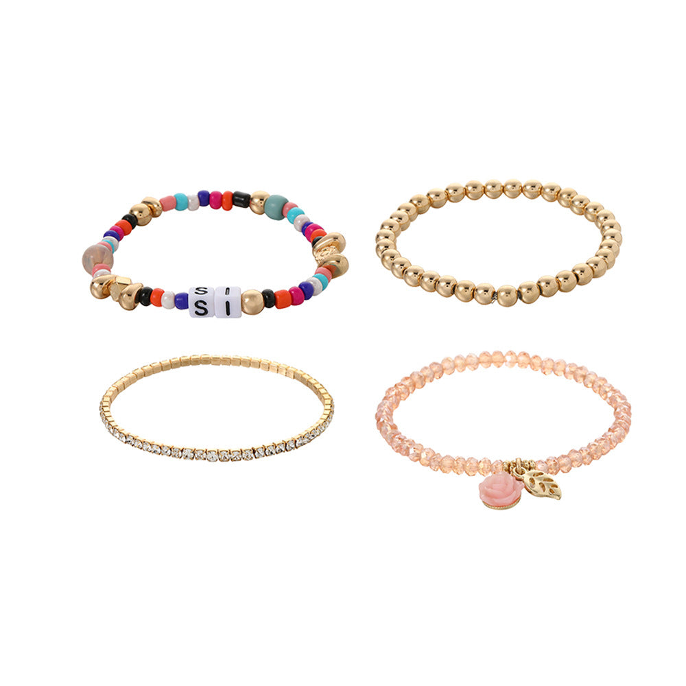 Minimalist Colorful Glass Bead Letter Dice and Rose Elastic Bracelet Set