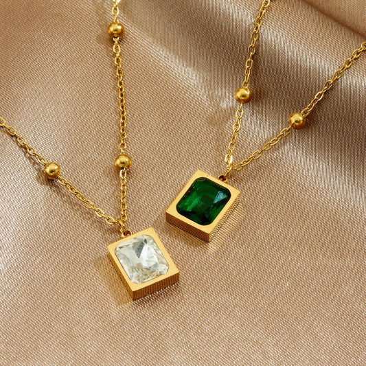 Gold Plated Square Geometric Rhinestone Inlay Stainless Steel Pendant Necklace for Women