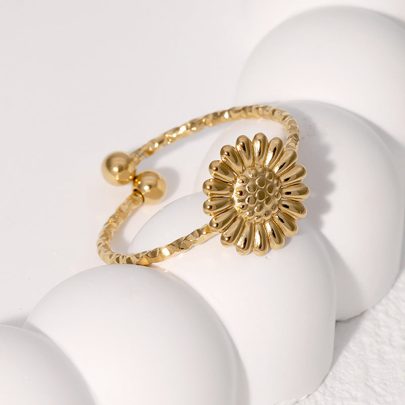 Anello Minimalista a Margherita in Acciaio Inossidabile Placcato Oro, Fascia Aperta Regolabile da Donna